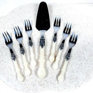 Inox 18/10 Italy Cream Faux Bone Handle Fish Serving Set 6 Forks + Server